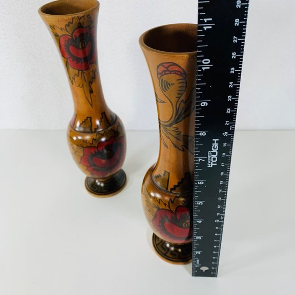 Vintage Set of 2 Wooden Vases Roses Floral Landscape South Western Mexican Decor - Picture 11 of 16